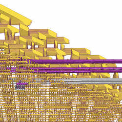 This reconstruction illuminates layers of copper wiring (yellow) down to the transistor level inside an Intel G3260 processor.