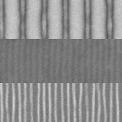 These scanning electron microscope images show the sequence of fabrication of fine lines by the new method.