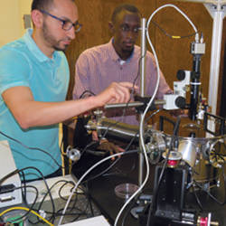 Assistant professor Sidy Ndao (right) and graduate student Mahmoud Elzouka have created a thermal diode that will allow computers to use heat as an energy source.