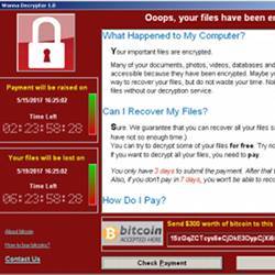 A screenshot shows a WannaCry ransomware demand in May 2017.