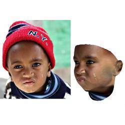 Photo of a young boy (left) and a three-dimensional scan of his face (right).