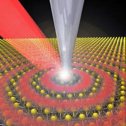 A laser from the top left shines on the sharp tip of a nano-imaging system aimed at a flat semiconductor. 