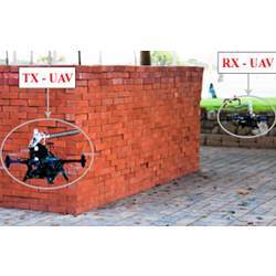 Two drones fly outside an structure to collect Wi-Fi RSSI measurements for through-wall imaging. 