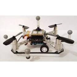 A quadcopter drone with wheels.