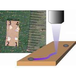 At left, a sample with four metal contacts. At right, a laser drawing a conductive path between two contacts.