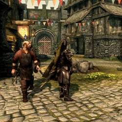 A scene from the Skyrim open world action role-playing video game.