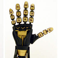 A robotic hand with intrinsically stretchable rubbery sensors.