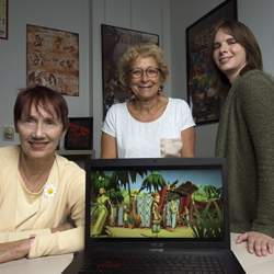 Sankofa's creators are, from left, history professor Patricia Seed, computer science professor Magda El Zarki, and computer game designer Jessica Kernan. 