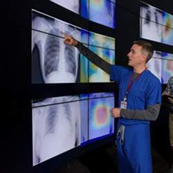 Radiologist Matthew Lungren considers the results of detections made by the algorithm.