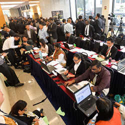 Journalists at a press conference. 