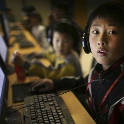 North Korean student at computer