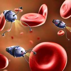 An artist's conception of a microscale robots in the bloodstream.