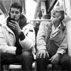 Young man, old man, phone