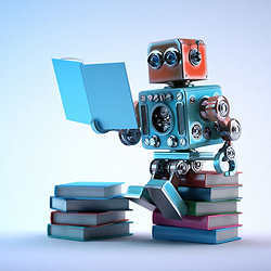 A robot, reading. 