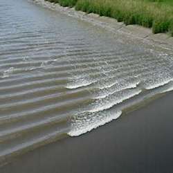 A river's tidal bore. 