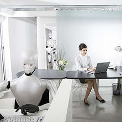 Artist's conception of robots in the workplace.