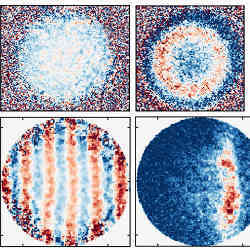 Artwork made with JILAs new imaging technique, false-color representations of atoms detected in the ground state (blue) or excited state (red).