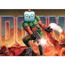 Playing the 1993 video game Doom.