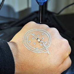 Direct three-dimensional printing on a live human hand. 