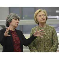 Manuela Veloso of the Carnegie Mellon University Robotics Institute giving a tour of the facility to U.S. presidential candidate Hillary Clinton in 2016.