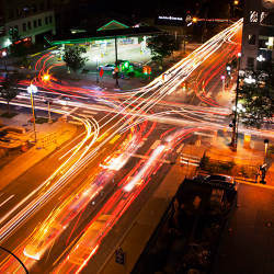 Long-exposure image of traffic in downtown Ann Arbor, MI.