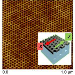 An atomic force micrograph exhibiting honeycomb structure pattern behind a magnetic device. Inset shows the schematic of current flow direction.