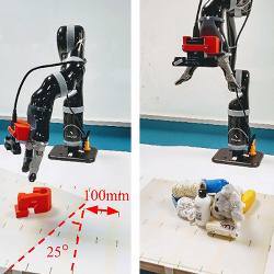 The robot arm adjusts position to grasp different objects.