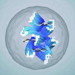 Conceptual illustration of a droplet containing an artificial neural network made of DNA designed to recognize complex molecular information, represented as 'molecular handwriting.'