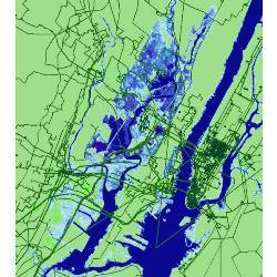 Seawater inundation (in blue) projected for New York City by 2033.