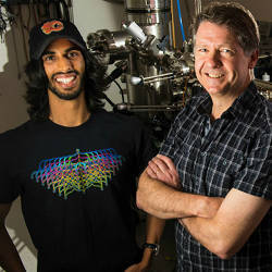 Doctoral student Roshan Achal (left) used nanotechnology perfected by professor Robert Wolkow (right) to create atomic-scale computer memory.