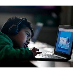 An elementary school student on a computer.