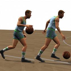 An animated character dribbles a basketball.