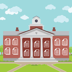 school building with doc icons as windows, illustration