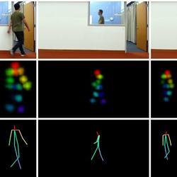 Images captured by Katabi's device: photographic images (top row), keypoint confidence maps from RF signals (center), and skeleton parsed from keypoint confidence maps (bottom).