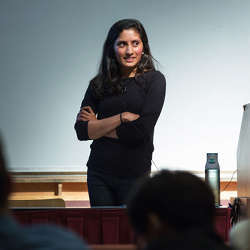 Urmila Mahadev giving a computer science seminar last week at the University of California, Berkeley.