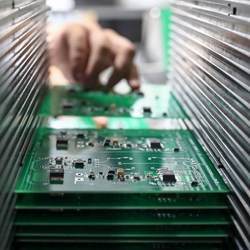 Circuit boards at a manufacturer of electronics in Zelenograd, Russia.