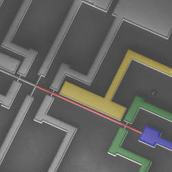 A single silicon beam (red), along with its drive (yellow) and readout (green and blue) electrodes, implements a MEMS capable of nontrivial computations.