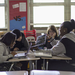 female high school students participating in Hour of Code event