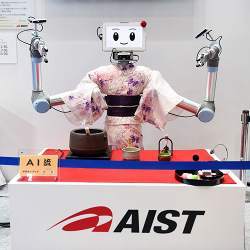 A robot developed by China's National Institute of Advanced Industrial Science and Technology on display at a trade show in Chiba, Japan.