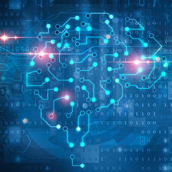 Circuits on a circuit board in the shape of a brain.