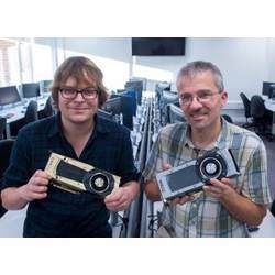 James Knight (left) and Thomas Nowotny beat a top 50 supercomputer by running brain simulations using their own GeNN software and graphics processing units. 