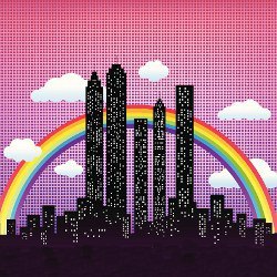 cityscape with rainbow, illustration