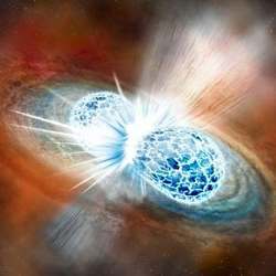 Artist's conception of two neutron stars colliding. 