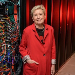 Jane Caviness with the Caviness computing cluster 