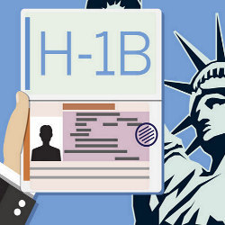 H-1B visa with Statue of Liberty in background, illustration