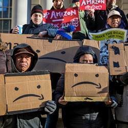 Anti-Amazon protesters before a New York City Council hearing in January.