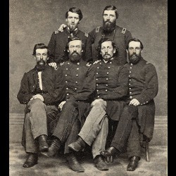 six Civil War-era soldiers in uniform