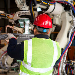 factory floor worker and robot