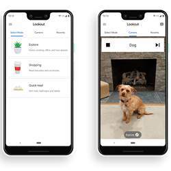 At left, a screenshot image of Lookout's modes; at right, a screenshot of Lookout detecting a dog.