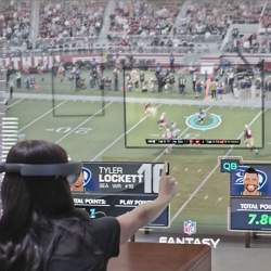 An image from a Microsoft concept video showing how you might one day watch sports with a virtual reality headset..